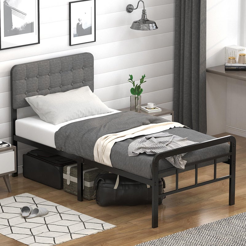 EMODA 16 Inch Twin Size Bed Frames with Upholstered Headboard and Metal Footboard Heavy Duty Metal Slats Support Mattress Foundation No Box Spring Needed Easy Assembly