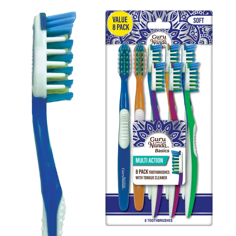 GuruNanda MultiAction Toothbrush with Tongue Cleaner  Soft Bristles for Sensitive Teeth  Gums  Assorted Colors Pack of 8