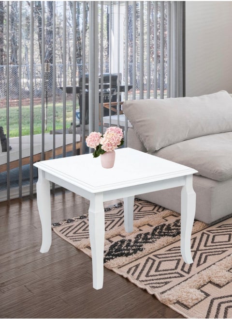 Elegant White Wooden Side Table – Classic Design with Curved Legs – Compact 55x55x45 cm Dimensions – Perfect for Living Room or Bedroom Décor. White (Arfan)