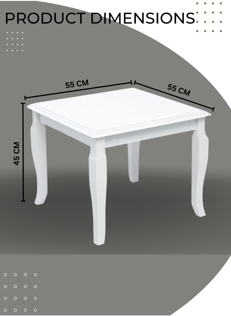 AFT - Elegant White Wooden Side Table – Classic Design with Curved Legs – Compact 55x55x45 cm Dimensions – Perfect for Living Room or Bedroom Décor. White (Arfan) - Image 1