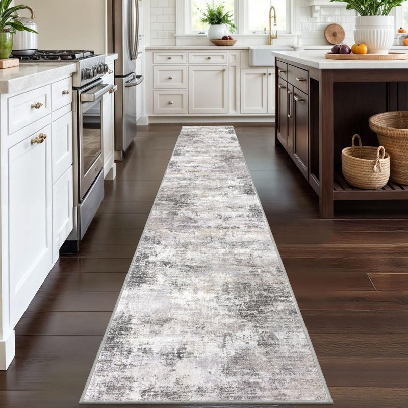 IOHOUZE Abstract Runner Rug 2x12 Ft Washable Runners for Hallways, Non Slip Kitchen Runner Printed Faux Wool Entryway Runner Indoor, Modern Abstract Floor Carpet for Hall Kitchen, Grey Beige - Image 2