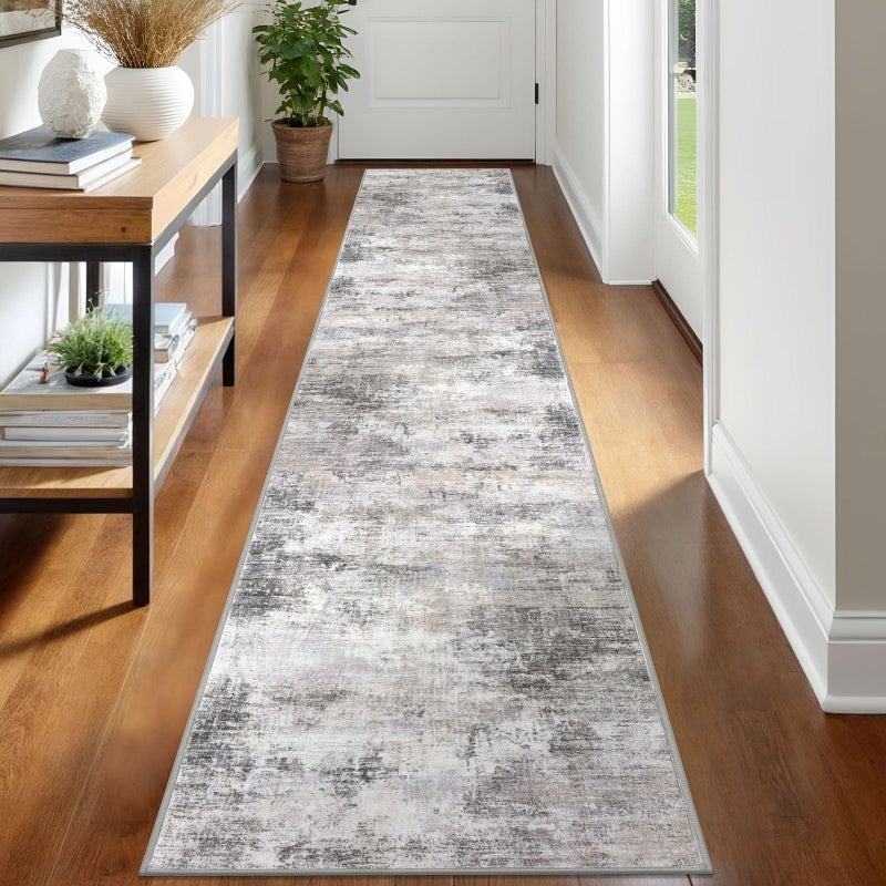 IOHOUZE Abstract Runner Rug 2x12 Ft Washable Runners for Hallways, Non Slip Kitchen Runner Printed Faux Wool Entryway Runner Indoor, Modern Abstract Floor Carpet for Hall Kitchen, Grey Beige - Image 1