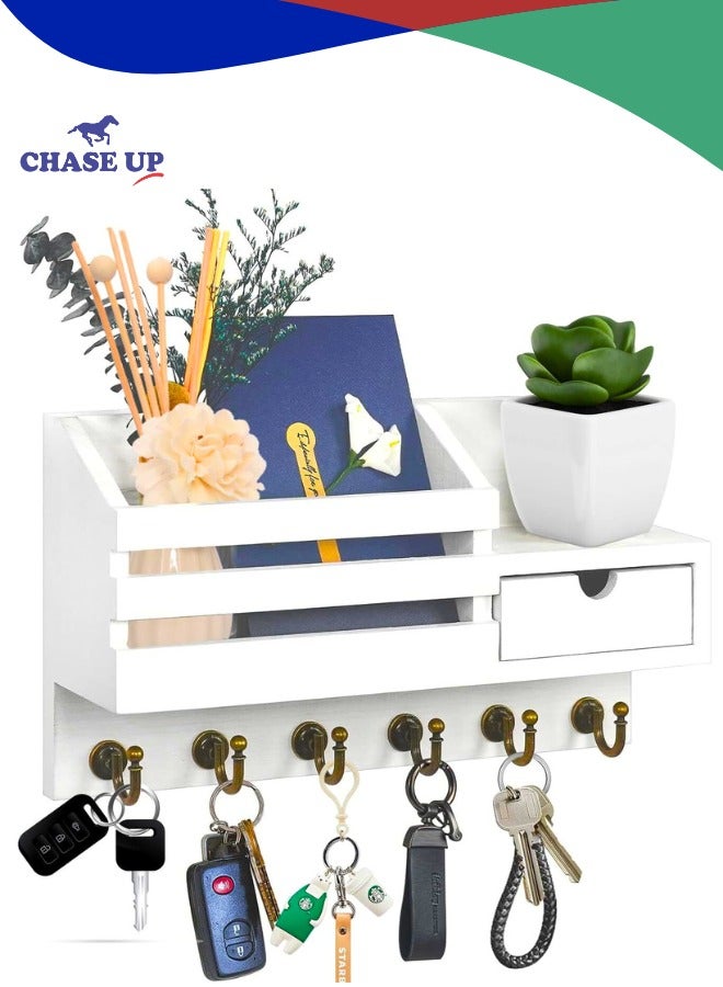 Chase Up Key and Mail Holder For Wall, Mail Organizer Wall Mount with 6 Hooks and Storage Drawer, Easy Installation Key Rack for Entryway Home Decor (A-White) - Image 1