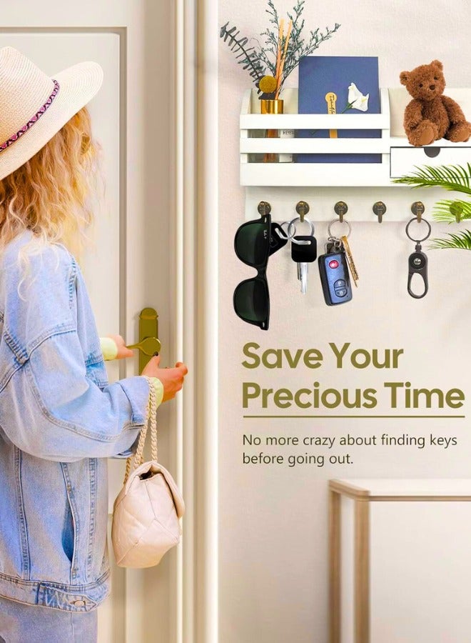 Chase Up Key and Mail Holder For Wall, Mail Organizer Wall Mount with 6 Hooks and Storage Drawer, Easy Installation Key Rack for Entryway Home Decor (A-White) - Image 3