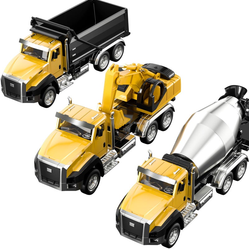TEMI 3 Pack of Diecast Engineering Construction Vehicles, Dump Truck, Digger, Mixer Truck, 1/50 Scale Metal Collectible Model Cars, Pull Back Car Toys with Opening Doors for Boys and Girls - Image 1