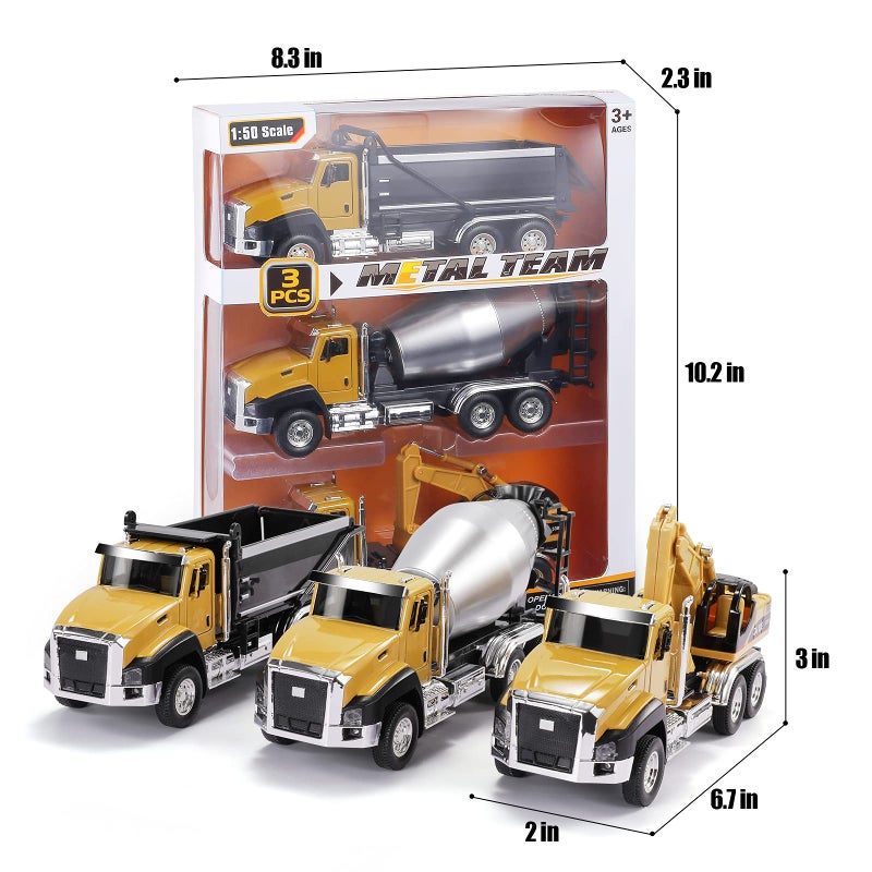 TEMI 3 Pack of Diecast Engineering Construction Vehicles, Dump Truck, Digger, Mixer Truck, 1/50 Scale Metal Collectible Model Cars, Pull Back Car Toys with Opening Doors for Boys and Girls - Image 2