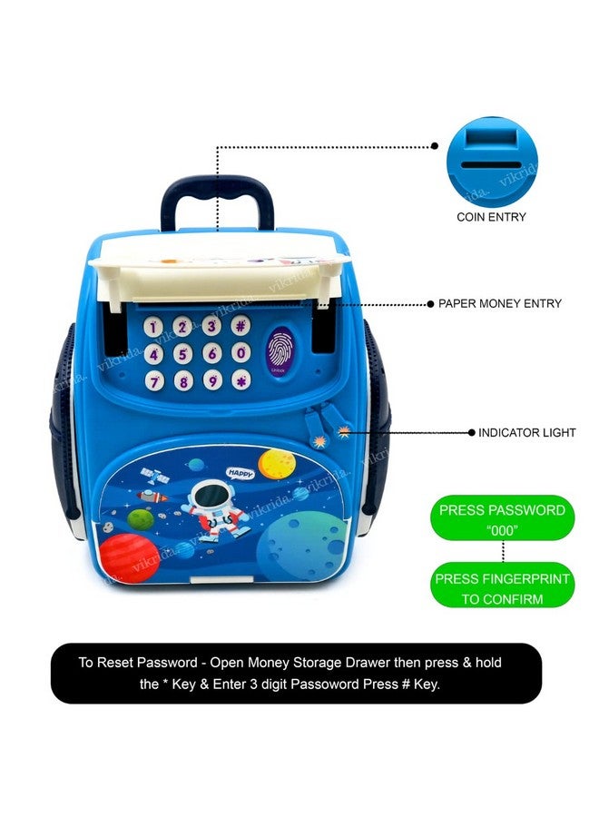 VikriDA Mini Atm Modern Piggy Bank, Money Saving Bank For Real Money Cash Coin|School Bag Musical Money Safe Kids Piggy Savings Bank With Finger Print Sensor-Blue - Image 3