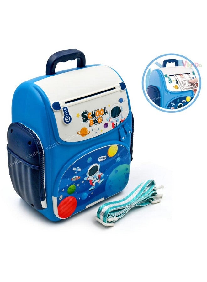 VikriDA Mini Atm Modern Piggy Bank, Money Saving Bank For Real Money Cash Coin|School Bag Musical Money Safe Kids Piggy Savings Bank With Finger Print Sensor-Blue - Image 2