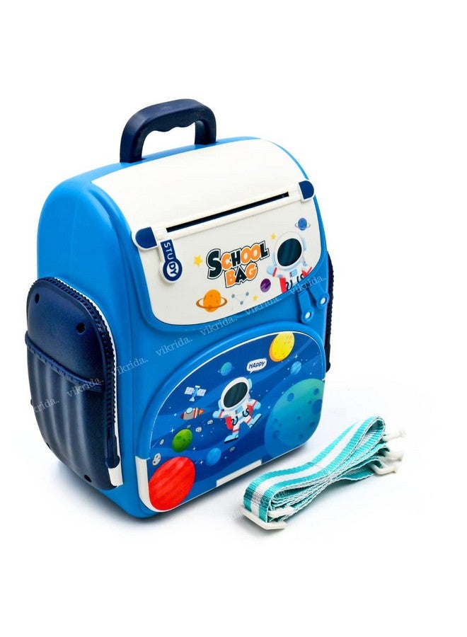 VikriDA Mini Atm Modern Piggy Bank, Money Saving Bank For Real Money Cash Coin|School Bag Musical Money Safe Kids Piggy Savings Bank With Finger Print Sensor-Blue - Image 1