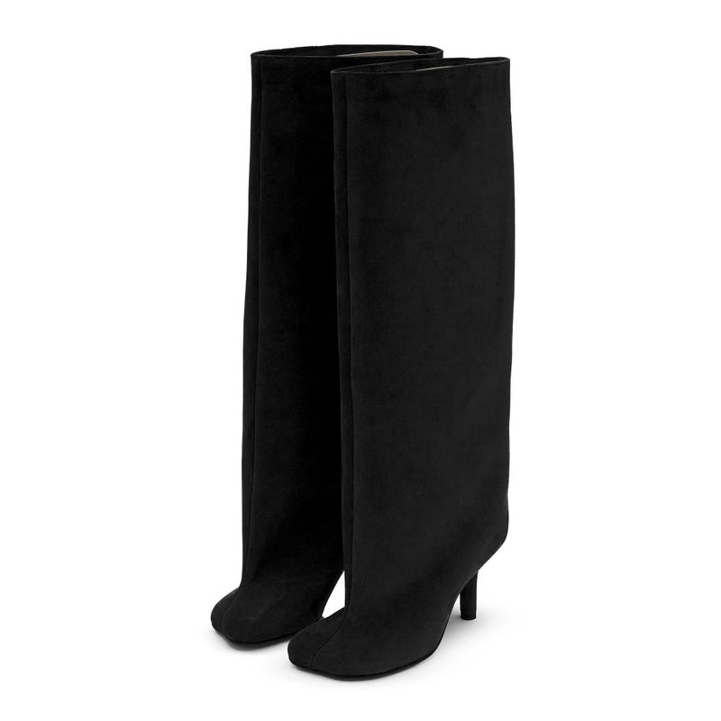 Wnshonzy Black Suede Knee High Boots for Women Wide Calf Square Toe Tall Stiletto Kitten High Heels Thigh Long Soft Fall Boot Pull on Fashion Casual Cute Y2K - Image 1