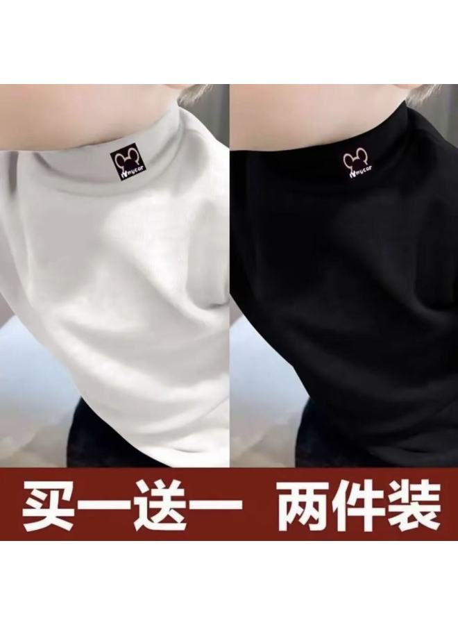 Children's Half Turtleneck Velvet Bottoming Shirt For Boys And Girls In Autumn And Winter, Casual And Versatile Cartoon Tops, Medium And Large Kidsren's Long-sleeved T-shirts