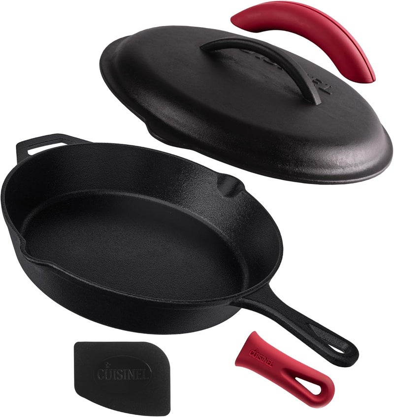 Cuisinel Cast Iron Skillet with Lid - 12"-inch Pre-Seasoned Covered Frying Pan Set + Silicone Handle & Lid Holders + Scraper/Cleaner - Indoor/Outdoor, Oven, Stovetop, Camping Fire, Grill Safe Cookware - Image 1