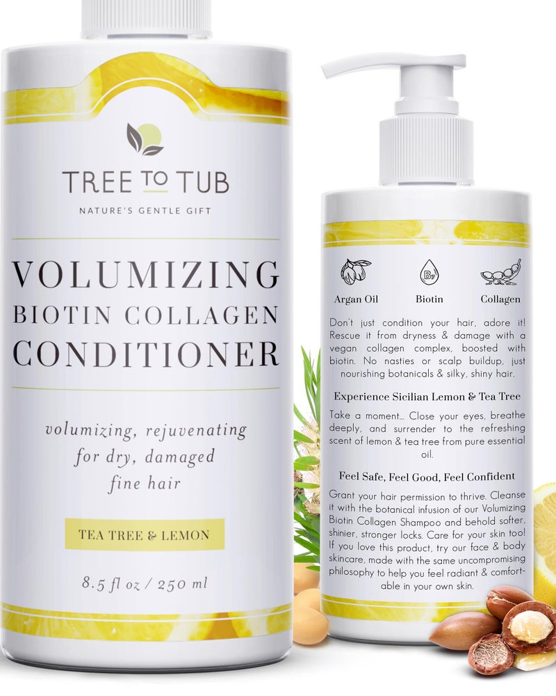 Tree to Tub Vegan Biotin and Collagen Conditioner for Dry, Damaged Hair - Volumizing Sulfate Free Fine Hair Thickening Conditioner for Women & Men w/Organic Argan Oil, All Natural Lemon, Tea Tree Oil - Image 1