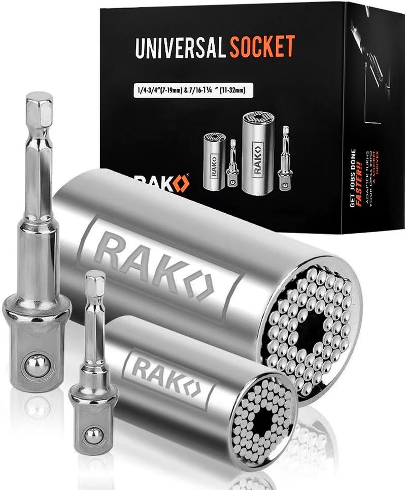 RAK Super Universal Socket Set (11-32mm 7-19mm) Universal Socket Wrench Set, Stocking Stuffer Gator Grip with Power Drill Adapter Set, Ideal Cool Gadgets Stuff Gifts for Men Dad Husband 4PCS - Image 1