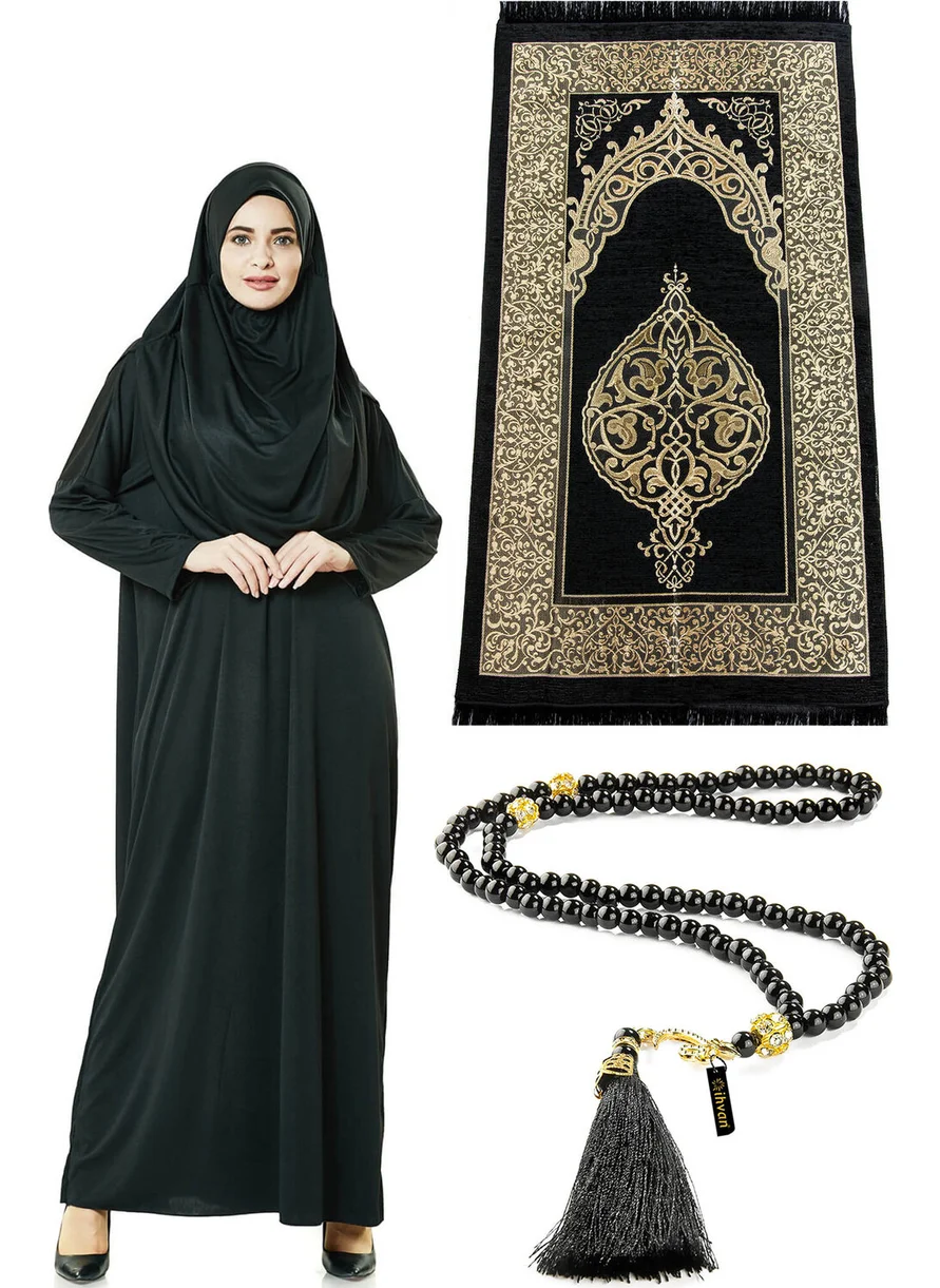 İhvan Ihvan One Piece Prayer Dress - Prayer Rug - Prayer Beads - Worship Set - Black