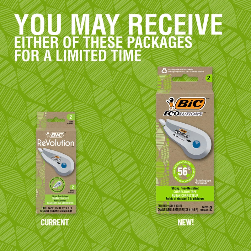 BIC Ecolutions Wite-Out Brand Correction Tape, 19.8 Feet, 2-Count Pack, Correction Tape Made from 56% Recycled Plastic - Image 2