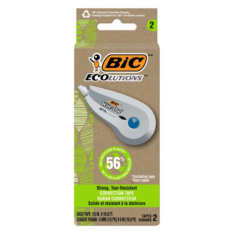BIC Ecolutions Wite-Out Brand Correction Tape, 19.8 Feet, 2-Count Pack, Correction Tape Made from 56% Recycled Plastic - Image 1
