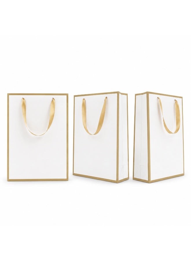 12 Pcs White Paper Gift Bags With Gold Border Trim Satin Ribbon Handles for Ramadan Eid Wedding Birthday Party Present Daily Gift Packaging - Image 1