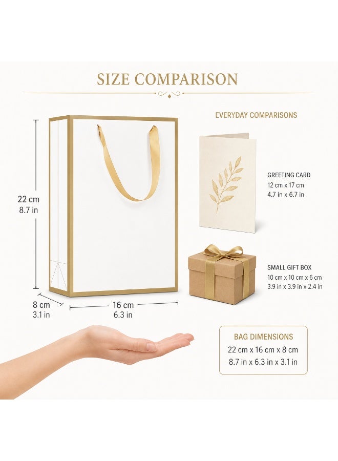 12 Pcs White Paper Gift Bags With Gold Border Trim Satin Ribbon Handles for Ramadan Eid Wedding Birthday Party Present Daily Gift Packaging - Image 4