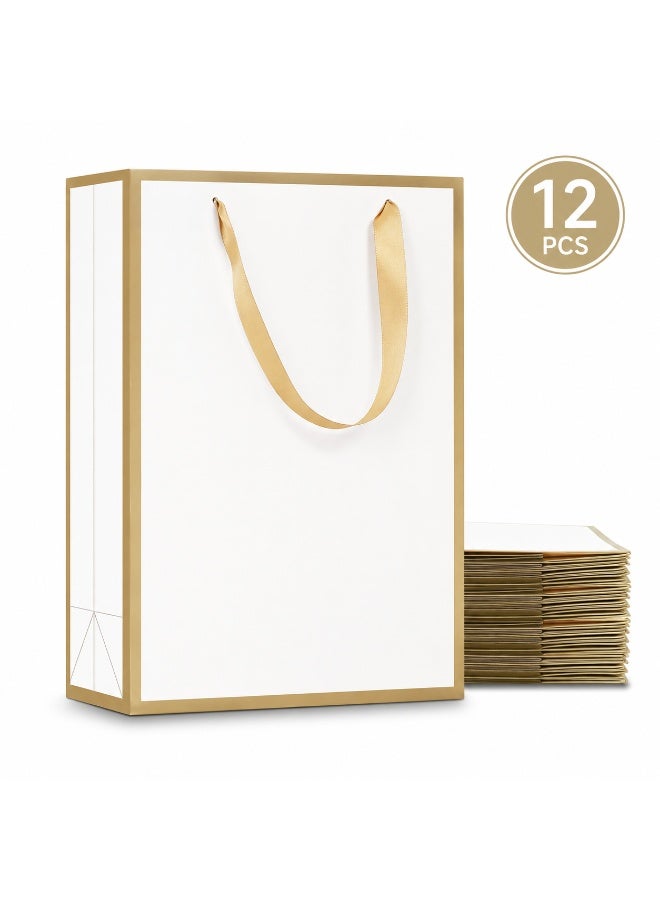 12 Pcs White Paper Gift Bags With Gold Border Trim Satin Ribbon Handles for Ramadan Eid Wedding Birthday Party Present Daily Gift Packaging - Image 2