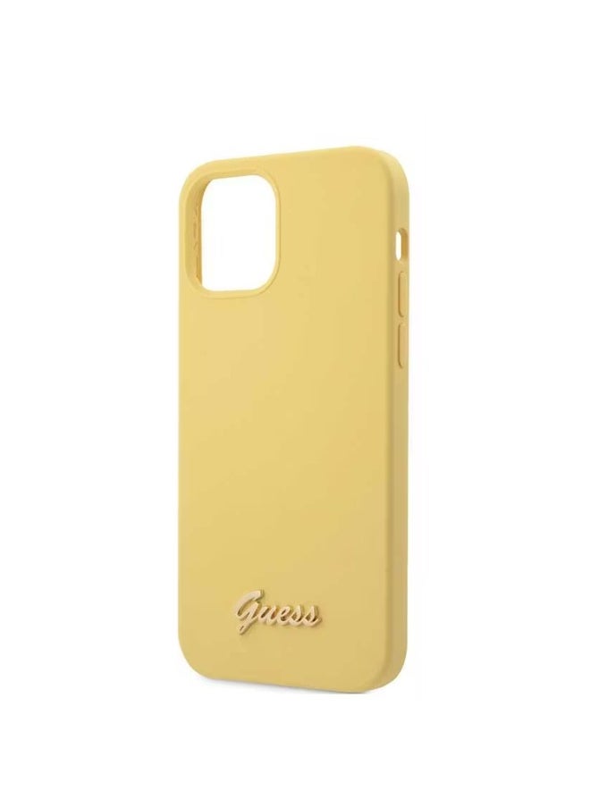 GUESS iPhone 12 / 12 Pro Liquid Silicone Case w/ Metal Logo Script, Anti-Scratch, Easy Access to All Ports & Shock Absorption - Yellow  - Image 2