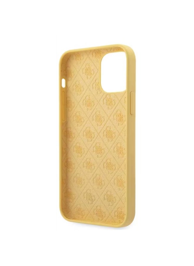 GUESS iPhone 12 / 12 Pro Liquid Silicone Case w/ Metal Logo Script, Anti-Scratch, Easy Access to All Ports & Shock Absorption - Yellow  - Image 1