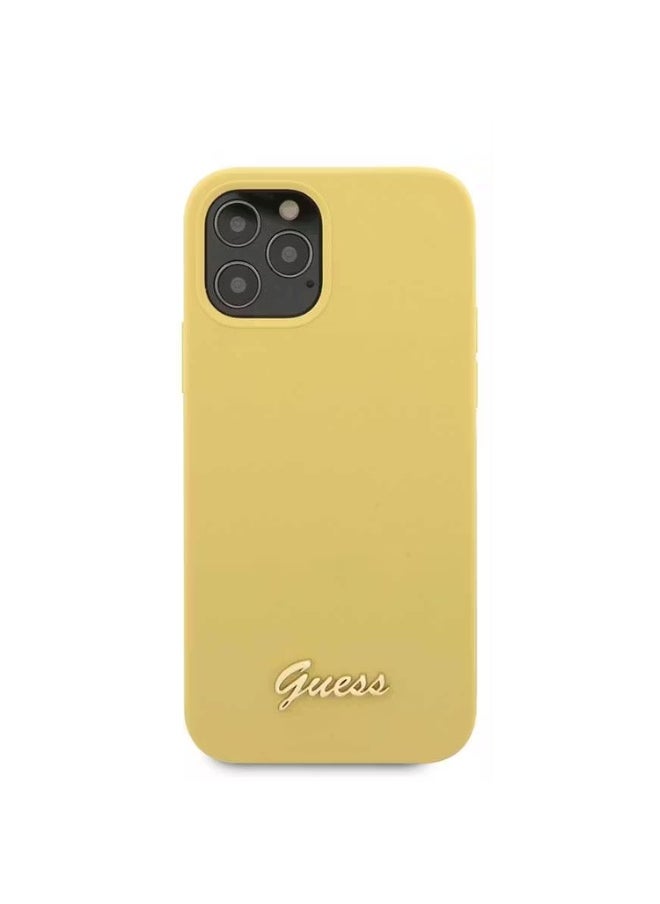 GUESS iPhone 12 / 12 Pro Liquid Silicone Case w/ Metal Logo Script, Anti-Scratch, Easy Access to All Ports & Shock Absorption - Yellow  - Image 5