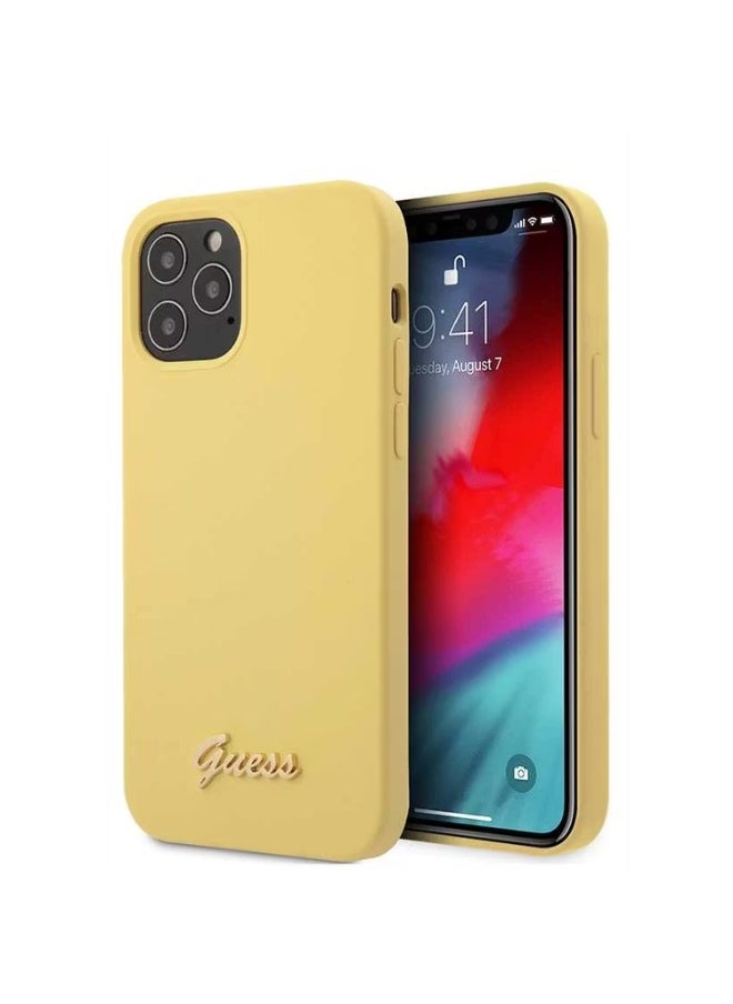 GUESS iPhone 12 / 12 Pro Liquid Silicone Case w/ Metal Logo Script, Anti-Scratch, Easy Access to All Ports & Shock Absorption - Yellow  - Image 3