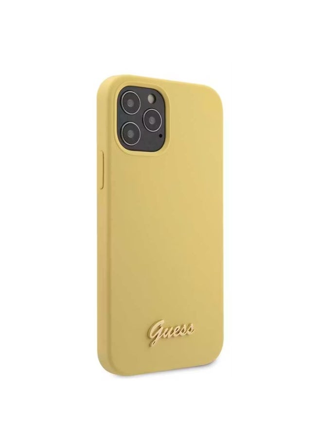 GUESS iPhone 12 / 12 Pro Liquid Silicone Case w/ Metal Logo Script, Anti-Scratch, Easy Access to All Ports & Shock Absorption - Yellow  - Image 4