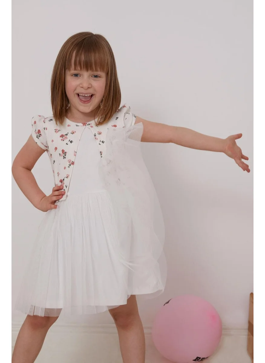 Breeze Girl's Dress, Floral Patterned, Embroidered, Age 3-8, Ecru