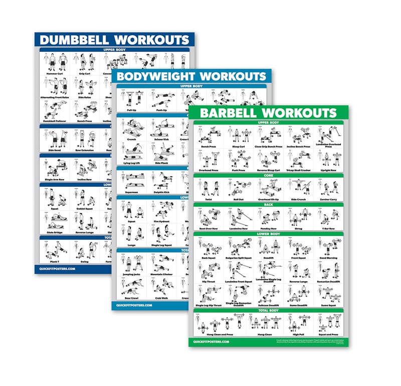QUICKFIT 3 Pack - Dumbbell Workouts + Bodyweight Exercises + Barbell Routine Poster Set - Set of 3 Workout Charts (Laminated, 18" x 24")