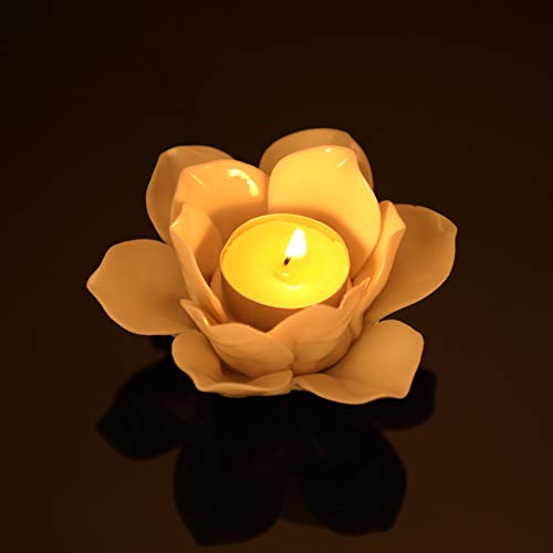 OwnMy 4.5 Inch Ceramic Lotus Flower Tea light Holder Lotus Petals Candle Holder Candlestick, Votive Flower Tealight Candle Holder Candle Lamps Holder with Gift Box for Home Decor Wedding Party (White) - Image 2