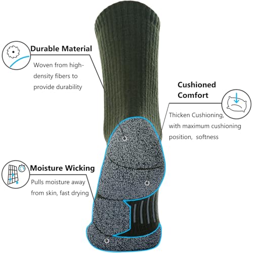 CWVLC Hiking Crew Socks, 3-Pack Men Women Boot Socks for Walking, Hunting, Camping, Winter Outdoor Work, Cosy Cushion, Moisture Wicking, Arch Compression, Anti Blister, Large, Green - Image 4