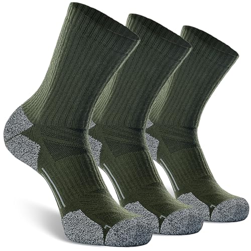 CWVLC Hiking Crew Socks, 3-Pack Men Women Boot Socks for Walking, Hunting, Camping, Winter Outdoor Work, Cosy Cushion, Moisture Wicking, Arch Compression, Anti Blister, Large, Green - Image 1