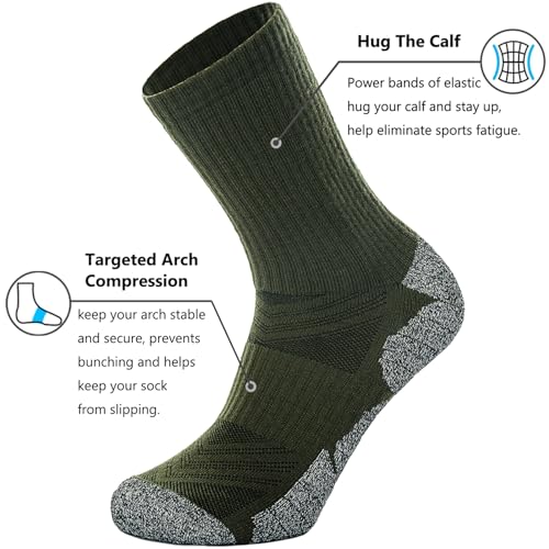 CWVLC Hiking Crew Socks, 3-Pack Men Women Boot Socks for Walking, Hunting, Camping, Winter Outdoor Work, Cosy Cushion, Moisture Wicking, Arch Compression, Anti Blister, Large, Green - Image 3