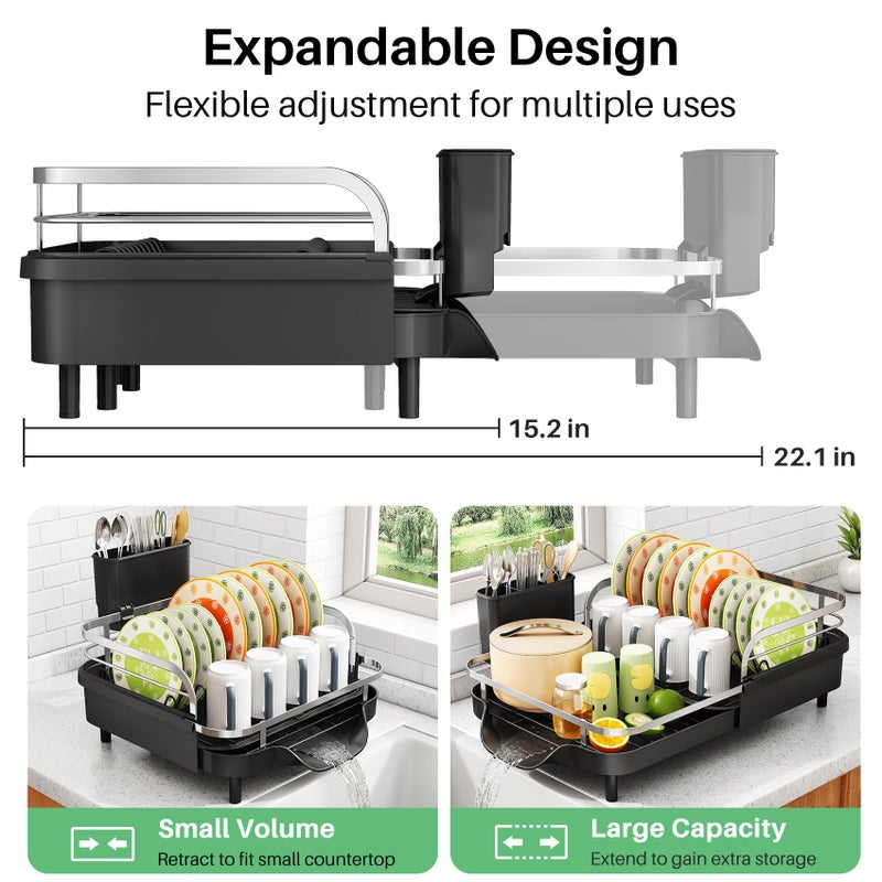 SAYZH Dish Drying Rack - Expandable Dish Rack for Kitchen Counter, Rust-Resistant Dish Drainer with Utensil Holder and Raised Guardrail, Kitchen Organizer for Cup and Bottle (Black) - Image 2