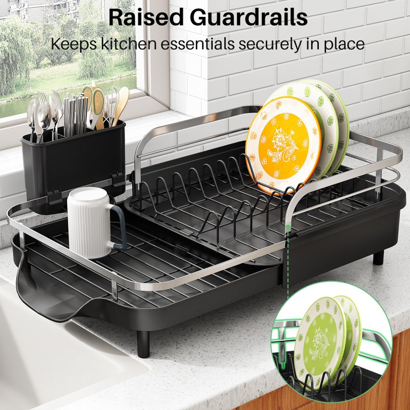 SAYZH Dish Drying Rack - Expandable Dish Rack for Kitchen Counter, Rust-Resistant Dish Drainer with Utensil Holder and Raised Guardrail, Kitchen Organizer for Cup and Bottle (Black) - Image 5
