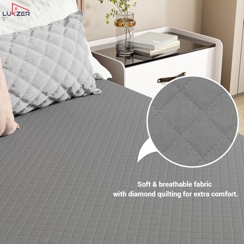 Lukzer 100% Waterproof Quilted Mattress Protector with Ultra Soft Surface 72x60 Inches Grey Queen Size Breathable Noiseless Washable Hypoallergenic Bed Cover with Deep Pocket Skirt - MTP-QGR-003 - Image 2