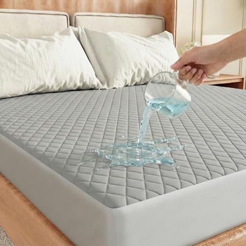 Lukzer 100% Waterproof Quilted Mattress Protector with Ultra Soft Surface 72x60 Inches Grey Queen Size Breathable Noiseless Washable Hypoallergenic Bed Cover with Deep Pocket Skirt - MTP-QGR-003 - Image 1