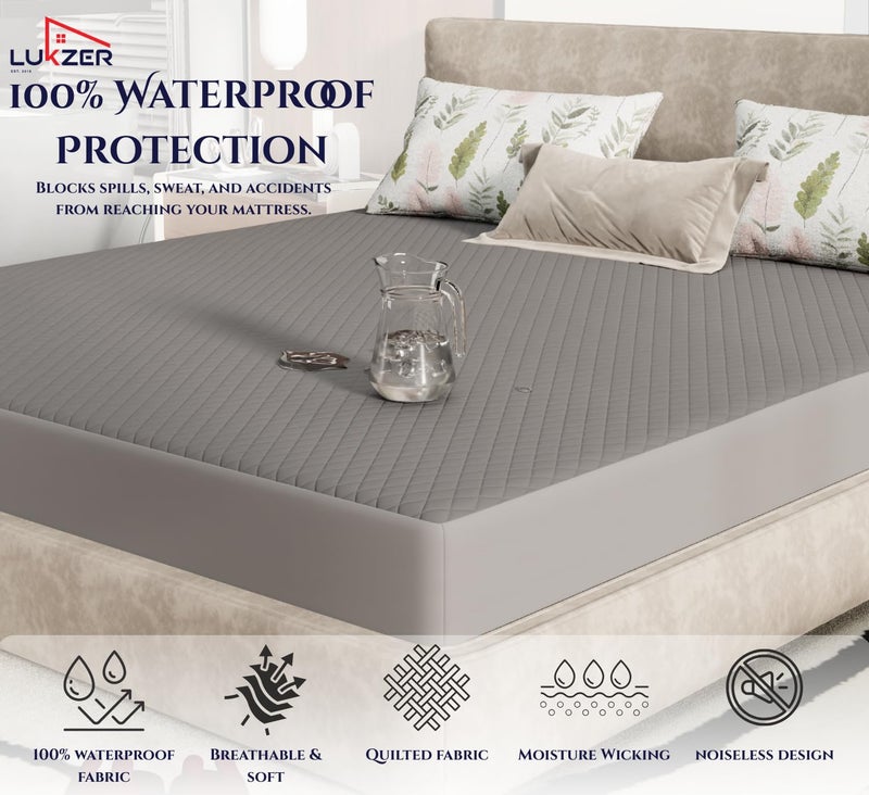 Lukzer 100% Waterproof Quilted Mattress Protector with Ultra Soft Surface 72x60 Inches Grey Queen Size Breathable Noiseless Washable Hypoallergenic Bed Cover with Deep Pocket Skirt - MTP-QGR-003 - Image 4