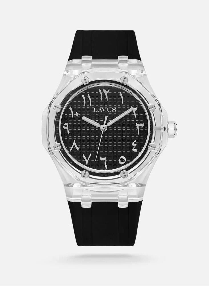 Men's transparent watch with a black rubber strap