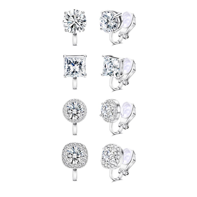 Thunaraz Cubic Zirconia Clip on Earrings - Women Hypoallergenic Comfortable Non Pierced Stud Earrings for Wedding and Dance Competitions Silver Clip-on Earrings - Image 1
