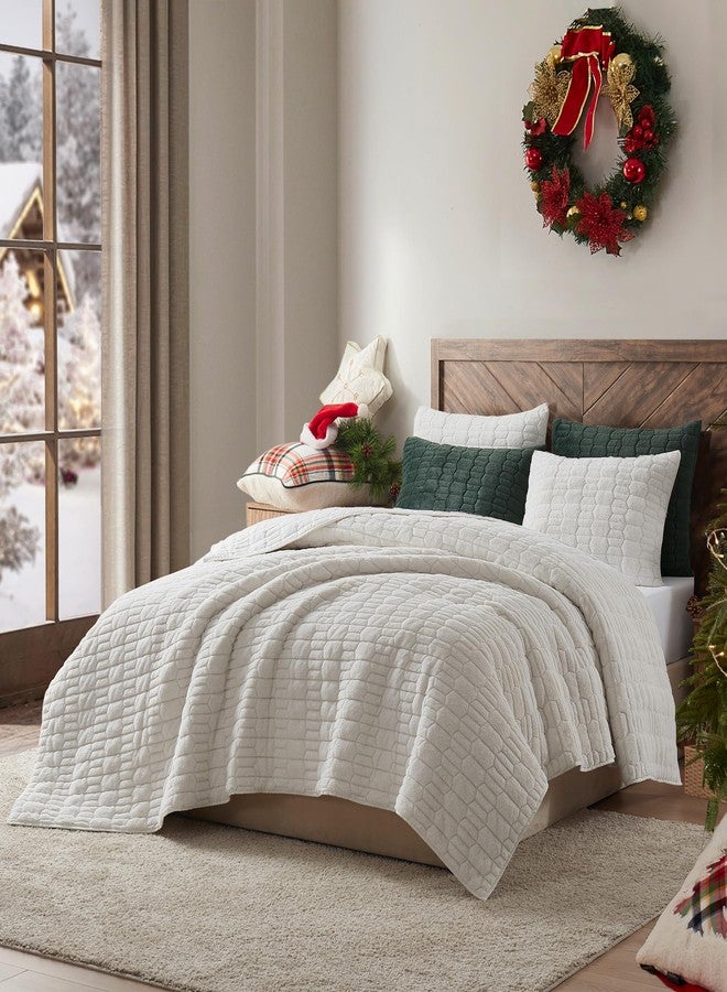 واندرفول طقم لحاف رائع من الفرو الصناعي الأبيض، مقاس كوين، 3 قطع، خفيف الوزن، ناعم، دافئ، مخملي، كريمي اللون، بنمط خياطة بطانية، مناسب لجميع الفصول - Image 2