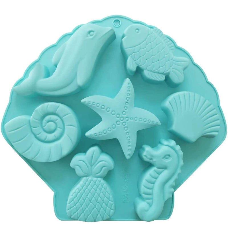 Palksky Under The Sea Silicone Cake Mold Ocean Animal DolphinFishConchStarfishSea ShellSeahorseMermaid Tail Soap Mold for Bath Bomb Jelly Mousse Candy Chocolate Mold Random Color