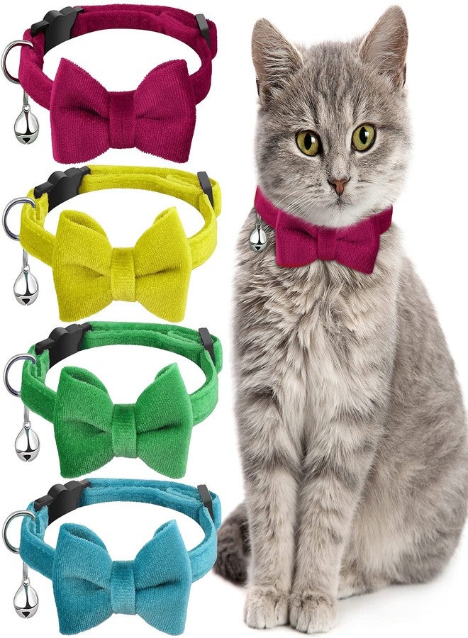 Weewooday 4 Pieces Cat Bow Tie Collar with Bell Breakaway Cat Comfortable Velvet with Cute Safety Pet Collar for Pet Kitten Puppy(Small,Yellow, Green, Rose Red, Blue) - Image 1