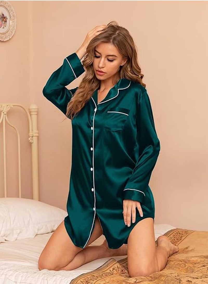 Caprisious Women's Satin Long Sleeve Sleep Shirt: Elegant Silk Nightshirt with Button Down Design, Perfect Pajama Top - Image 2