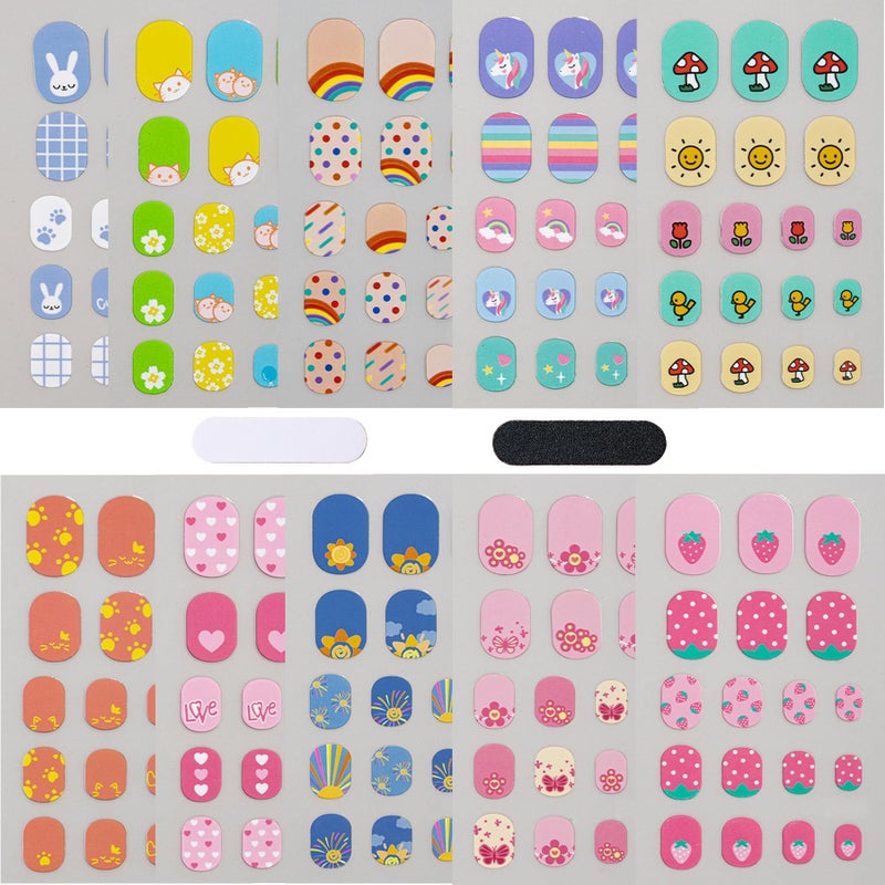 IHUKEIT Colorful Kid Nail Stickers Full Nail Wraps for Kids Girls Self Adhesive Nail Strips for Nail Art Decoration Fun Including Rainbow Cat Rabbit Flower Strawberry Heart Sun for Age 8 and Older (10 Sheets) - Image 1