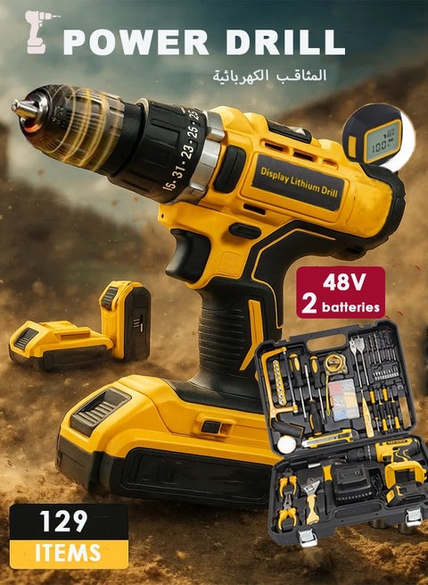 Drill,129 Piece Power Tools Kit with 48V Cordless Drill, Professional Household Home Tools Set with DIY Hand Tool Kits for Garden Office House Repair Maintain
