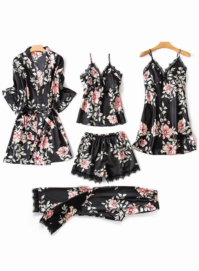 5 Pack Women's Sleepwear Sets Sling Lace Nightdress Sweet Pajama Home Wearing Clothes Loungewear Suits Floral Printing Ladies Nightwear Lingerie Robe Underwear Shorts Summer Spring Black  - Image 1