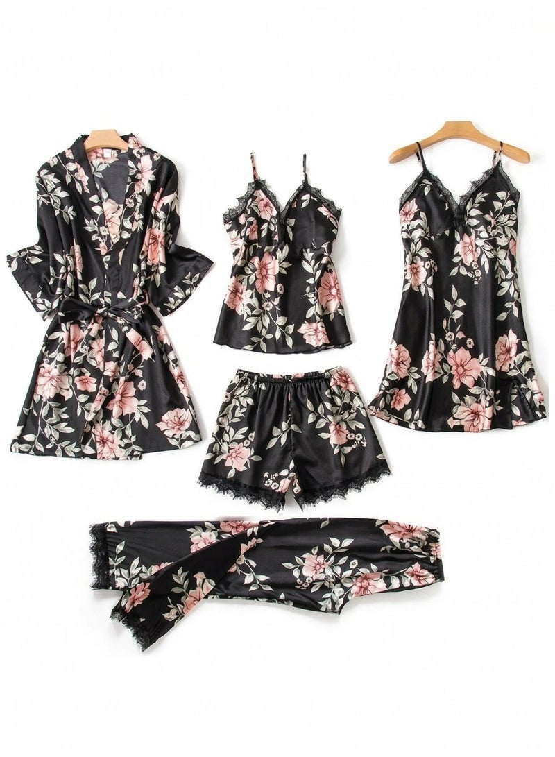 Elegant 5-Piece Women's Silk Satin Pajama Set with Black Floral Print - Luxury Sleepwear Includes Robe, Cami Top, Shorts, Slip Dress & Long Pants, Soft Summer Loungewear - Image 1